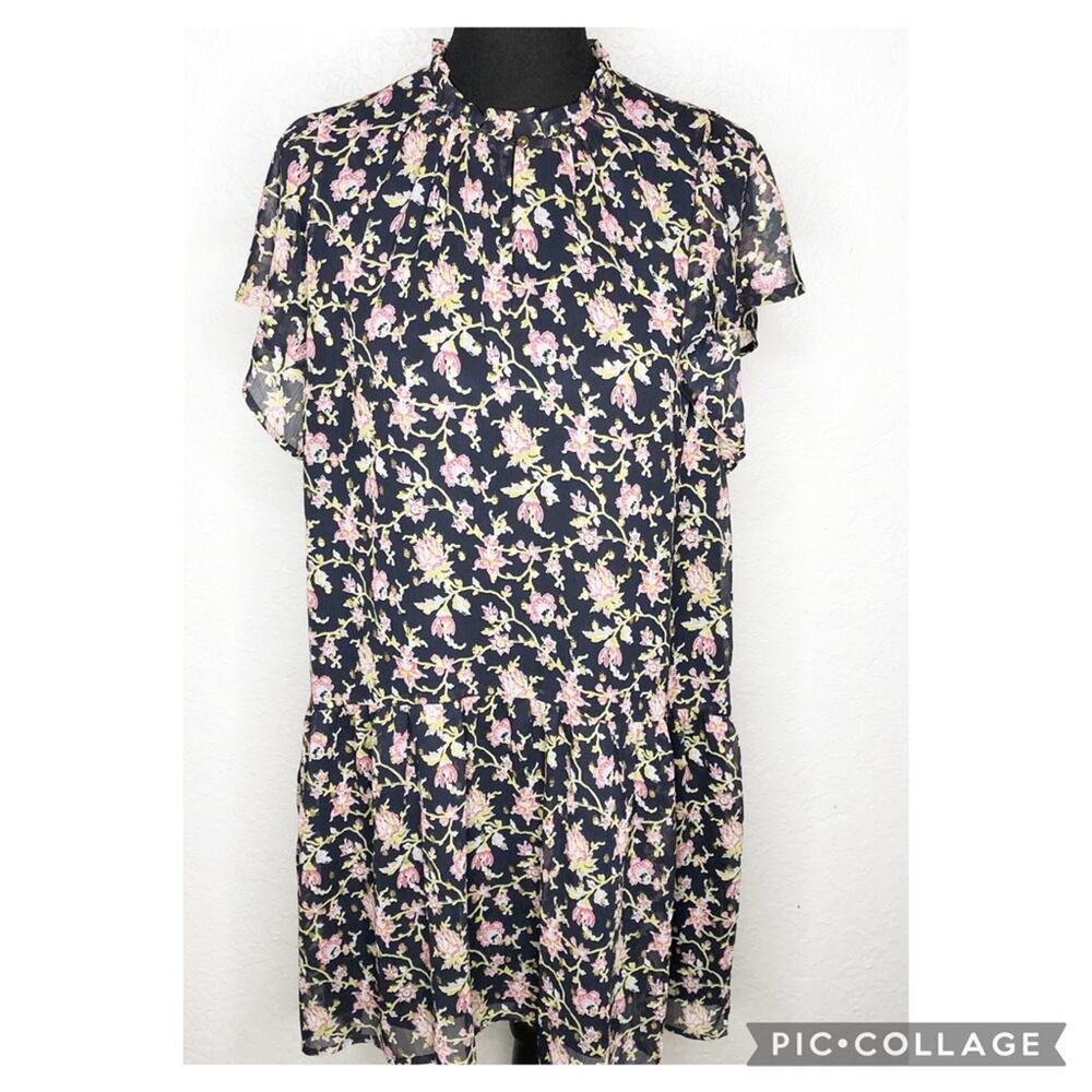 LOFT navy blue pink gold metallic floral ruffle trim dress size Medium